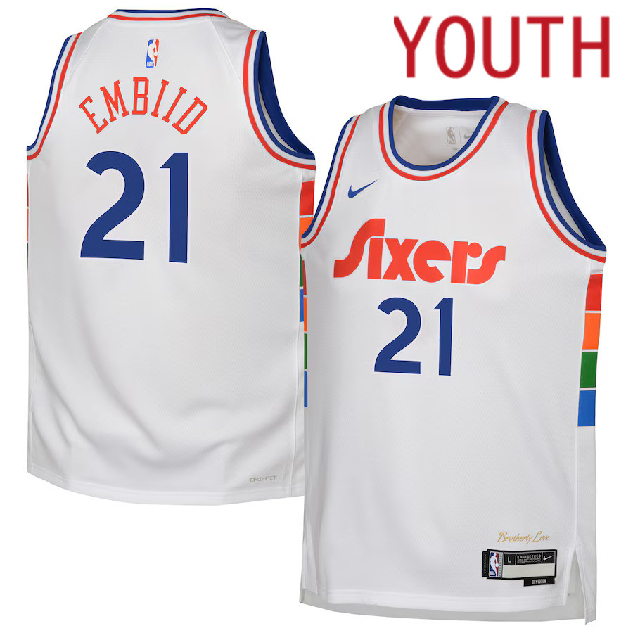 Youth Philadelphia 76ers #21 Joel Embiid Nike White City Edition 2024-25 Swingman Player NBA Jersey